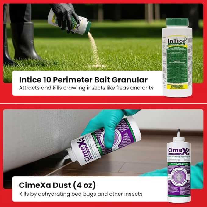 All-in-One Flea & Tick Control Kit – Indoor/Outdoor Program with Flex 10-10, Novacide, Martin’s IGR, InTice 10, CimeXa dust, Petcor 2, Plus Bait Stations, Sprayer & Gloves.