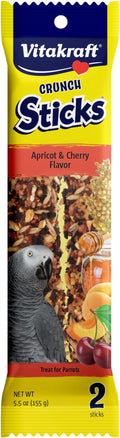 Vitakraft Crunch Sticks for Parrots Apricot and Cherry Flavor Natural Wood Chew Center with Clip Holder Long Lasting Treats for Conures and Parrots - 5.5 oz 2 Sticks