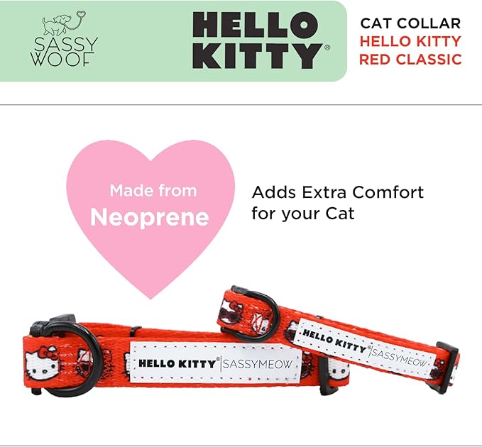 Sassy Woof Cat Collar Hello Kitty® Red Classic - M, Adjustable, Durable, Comfortable, Patented Design and Stylish Pet Accessories for Medium Cats