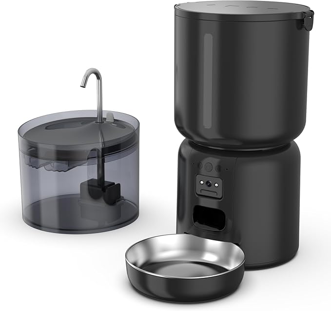 Automatic Cat Feeder and Waterer Set, 4L App Control Smart Cat Feeder with 2MP Camera, WiFi, Anti-Clog for Mix Food, 2.2L Filtered Pet Water Fountain with LED Light, Stainless Steel Bowl, Dual Power