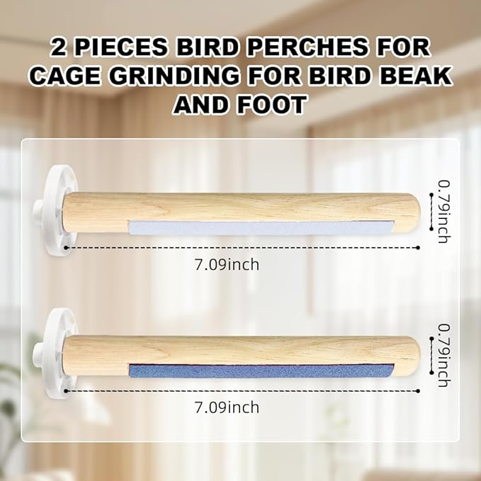 2 Pcs Natural Wood Bird Cage Perch with Foot Grinding, 7.8 inch Wooden Stand for Pet Birds, Universal Cage Accessory