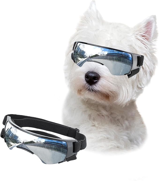 LESYPET Dog Sunglasses for Small Breed, UV Wind Dust Protection Dog Goggles for Pet Outdoor Driving Riding, Pet Glasses Eye Wear with Adjustable Strap, Silver