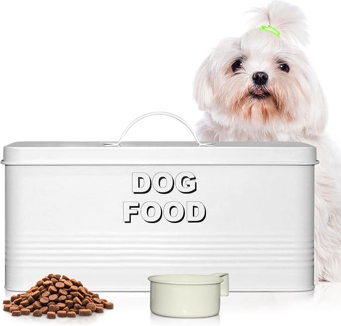 Plexon Metal Dog Food Storage Container with Scoop - Small Dog Food Container 10lbs Holder Treat Jar Bin with Lid - Pet Chow Storage Canister Tin, 2 Gallon, White