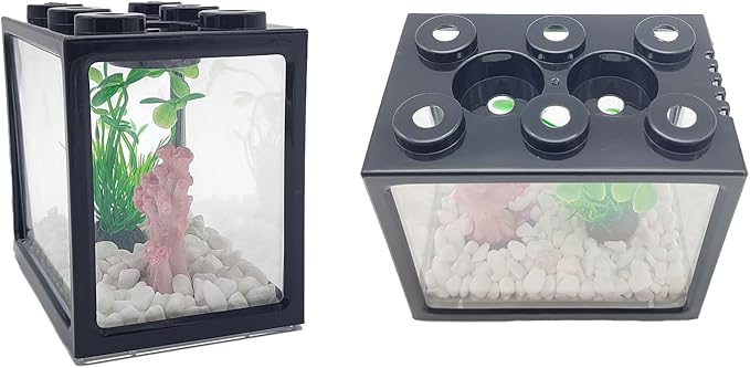 Black Desktop Aquarium Kit with Aquarium Gravel & Resin Decorations, 0.25 Gallon Cube Mini Fish Tank, Stackable Desktop Fishbowl for Sea Monkeys & Aquarium Landscape Enthusiasts