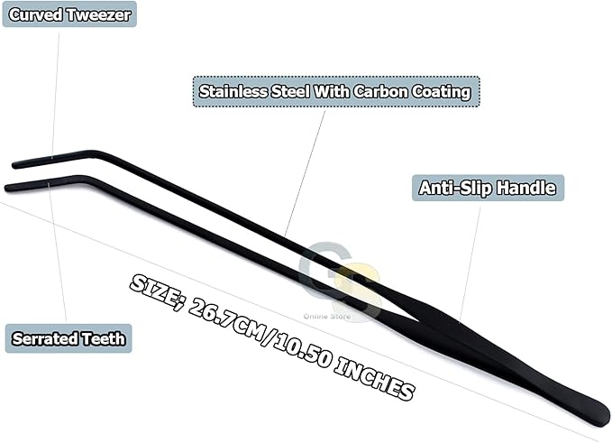 G.S Aquarium Tweezers Stainless Steel Straight and Curved Tweezers Set for Fish Tank Aquatic Plants Long Handle Reptile Feeding Tongs,10.5 inch Black