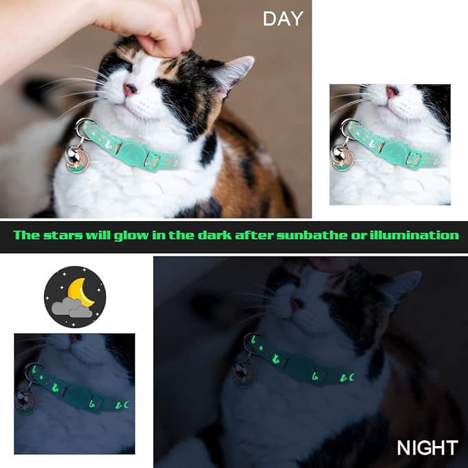 Baeuppit 2PCS Breakaway Cat Collars with Bell Moons Stars Cute Kitty Adjustable Safe Kitten Collars with Pendant Glow in The Dark(Purple&Teal)