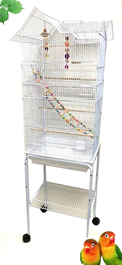 Large Canary Parakeet Cockatiel Lovebird Finch Roof Top Bird Parrot House Home Cage with Play Toys Climbing Ladder Side Nesting Box Doors Removable Stand On Wheels