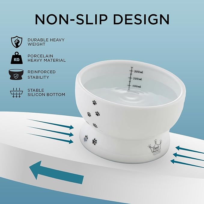 Necoichi Raised Cat Water Bowl, Elevated, with Measurement Lines, Dishwasher and Microwave Safe (Cat, Regular),White