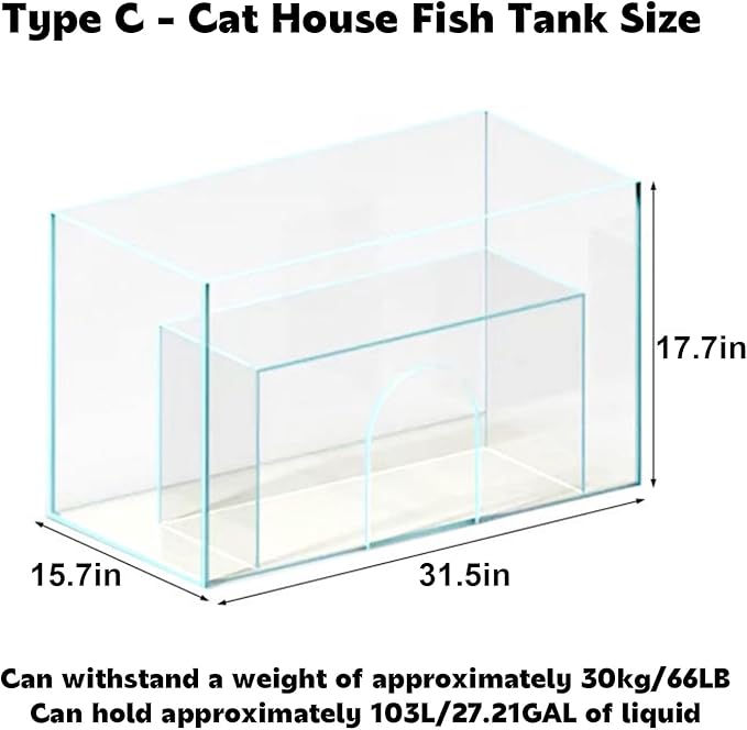 20 Gallon Cat Bed Aquarium Fish Tank - Immersive Viewing Glass Cat Cave, Cat Entertainment Equipment with Tunnel for Indoor Cats, Turtle & Betta（31.5x15.7x17.7in） C 31.5x15.7x17.7in