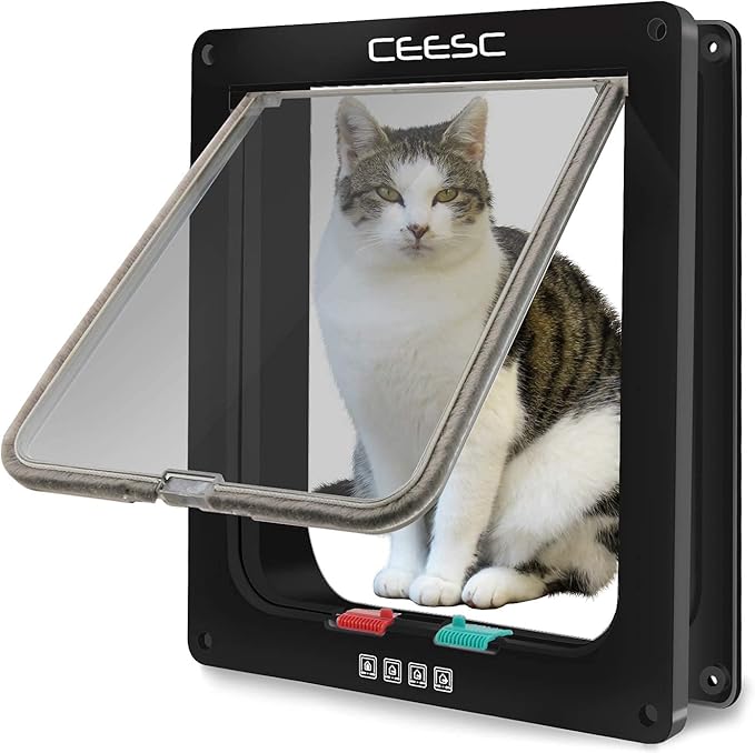 CEESC Extra Large Cat Door (Outer Size 11" x 9.8"), 4 Way Locking Large Cat Door for Interior Exterior Doors, Weatherproof Pet Door for Cats & Doggie with Circumference < 24.8" (Black)