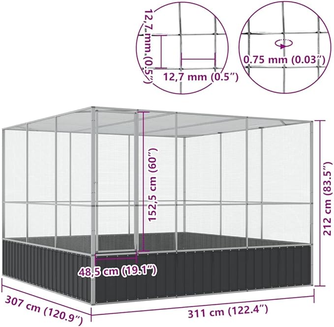 ** vidaXL Aviary Silver 122.4"x120.9"x83.5" - Galvanized Steel Bird Cage with Lockable Door and Steel Mesh Grids for Outdoor and Indoor Use