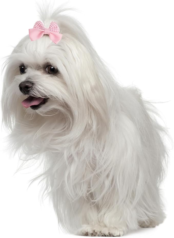 20Pcs Light Pink Small Dog Hair Bows Cute Puppy Dog Bowknot Hair Bow Bulk with Rubber Bands Elastic Lace Rhinestone Pearls Hair Ties Mix Style Handmade Flower Bow Dog Cat (Light Pink, Cute pattern)