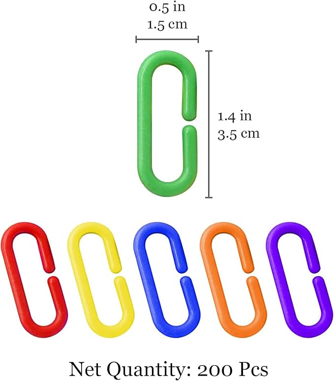 SunGrow Rainbow C-Clips Plastic Chain Links, Bird Swing & Climbing Chain Cage Toy Clips & Hooks, DIY Kids Learning Toys for Classroom, Suitable for Sugar Glider, Rat, Parrot, Bird (200 Pcs)