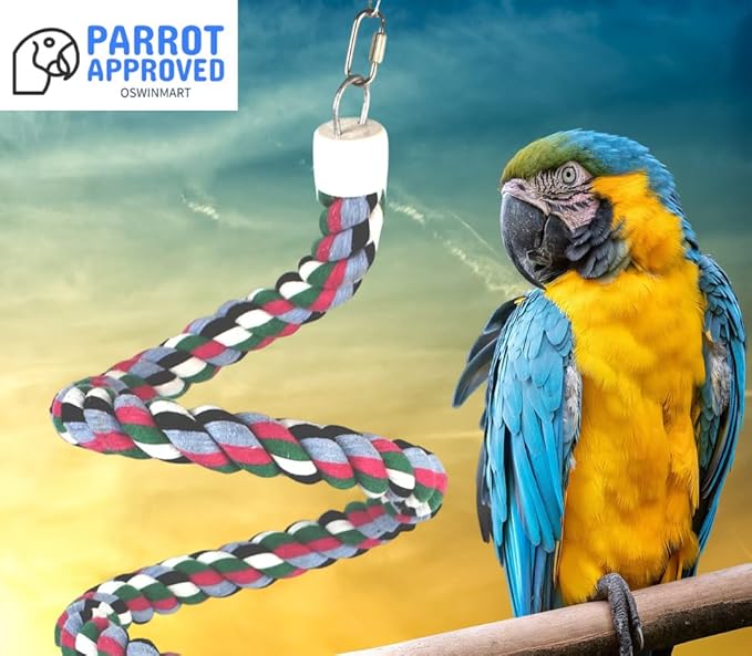 65inch Cotton Bendable Rope(Plus 1 Set 3 Steel Bells) Perch Swing Bird Chew Toys Amazon Parrots Cage Toys with Bell Swing Climbing Standing Bungee Bird Toys for Large to Regular Size Birds
