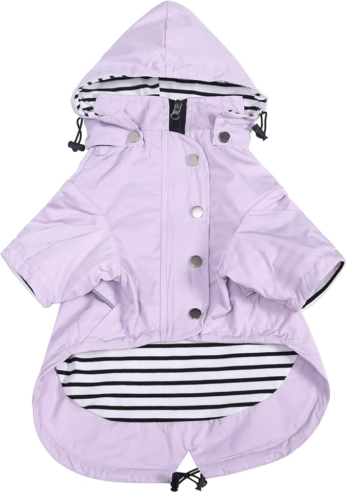 Morezi Dog Zip Up Raincoat with Reflective Buttons, Rain/Water Resistant, Adjustable Drawstring, Removable Hood, Raincoats with Legs 8lbs to 80lbs Available - Purple - M