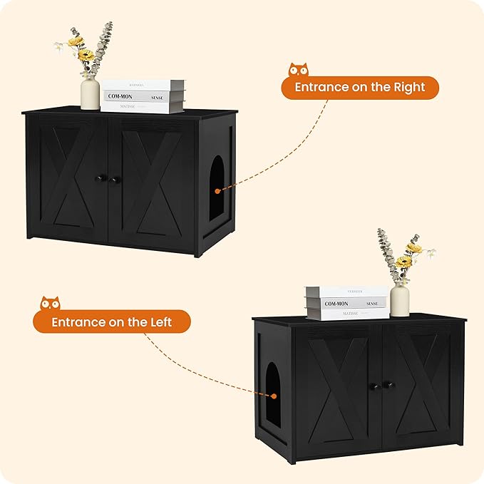 Dwanton Litter Box Enclosure, Cat Litter Box Furniture Hidden, Reversible Entrance Can Be on Left or Right Side, Wooden Cat Washroom Indoor, Black, 27.6 Inches