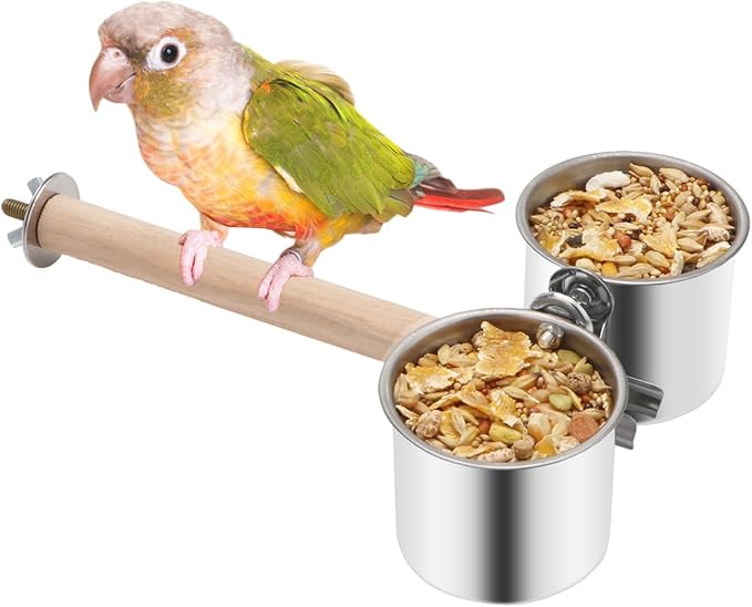 Bird Wood Stand Perch with Food Water Feeding Bowl for Parrot Parakeet Cockatiel Cage Accessories (A: Perch with 2 Feeder Cups)