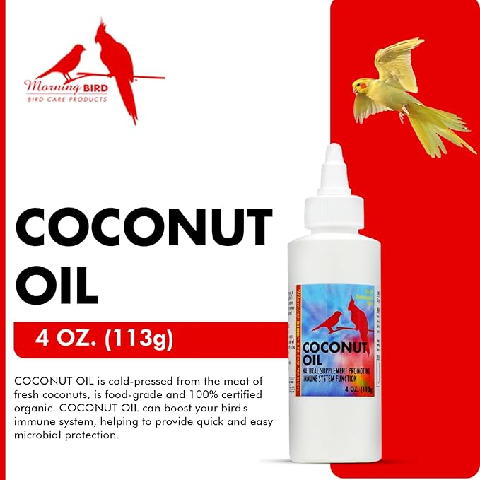 Morning Bird Coconut Oil for Birds 4 oz – Cold Pressed, Organic - Supports Immunity & Digestion – Boosts Energy & Feather Health – Easy to Mix – Safe for All Bird Life Stages