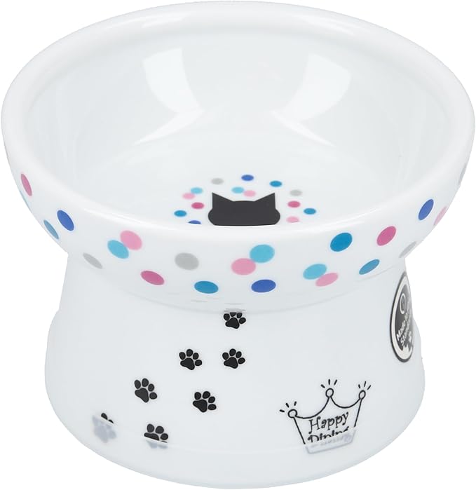 Necoichi Raised Cat Food Bowl – Ceramic Elevated Cat Bowl for Whisker & Neck Fatigue, Dishwasher Microwave Safe – Non-Slip & Anti Vomiting Ergonomic Design (Colorful Dots, Regular, 1 Cup Capacity)