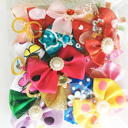 Chenkou Craft Random of 20pcs Puppy Yorkie Dog Hair Bow With Rubber Band Rhinestone Pet Grooming Products Mix Colors Varies Patterns Pet Hair Bows Dog Accessories