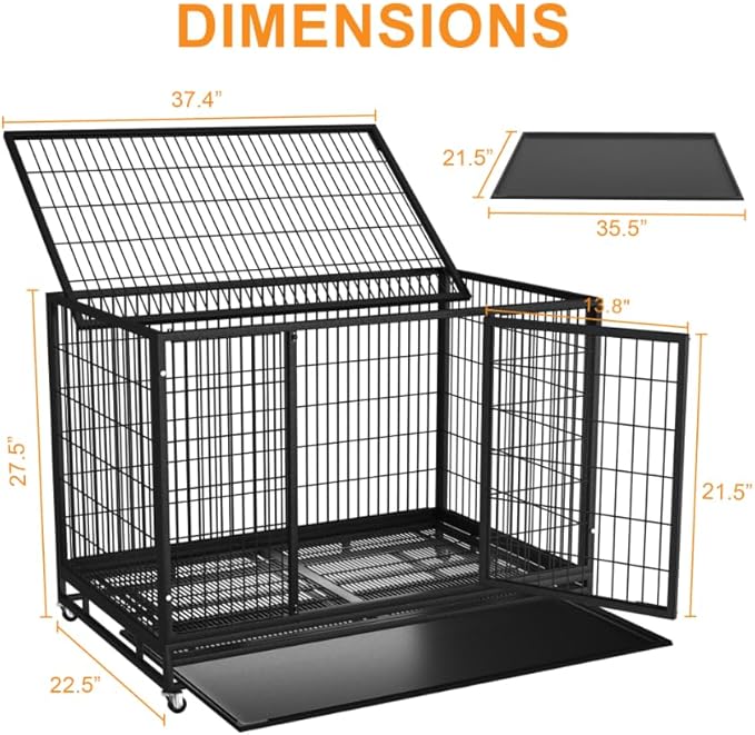 38 inch Heavy Duty Wire Dog Crate Cage Kennel for Large Dogs, High Anxiety Dog Crate with Removable Crate Trays, Wheels and Double Door, Extra Large XL XXL