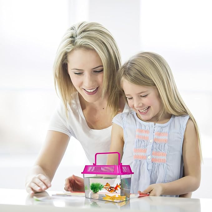 POPETPOP Portable Fish Tank Handheld Aquarium 5.90X4.33X3.74 Inch Transparent Turtle Box with Handle Small Plastic Fish Carrier for Travel and Pet Breeding