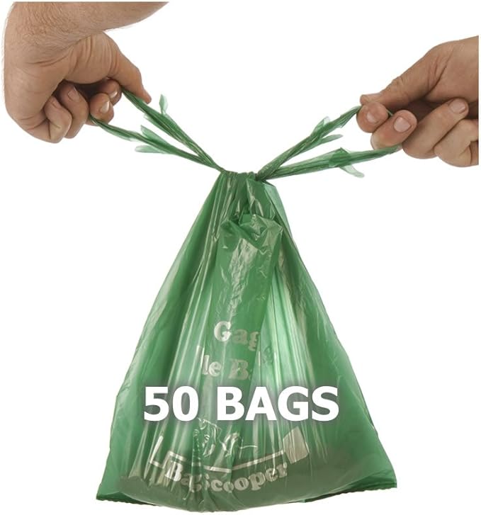 Large Dog Waste Bag Refill Pack, 50 Count with easy-tie long handles, unscented, custom fit for Bag Scooper pooper scooper