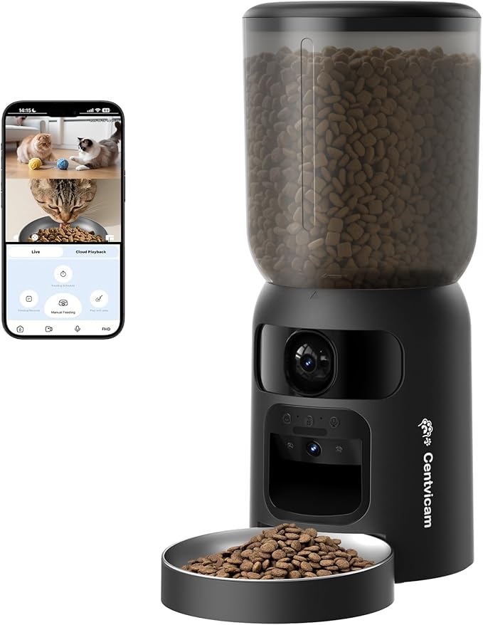 Automatic Cat Feeder with Dual 2K Camera, 5G WiFi with Night Vision, Cat Food Dispenser with App Controlled Pet Feeder, 2-Way Audio, Pet Feeder for Vacation & Work, Freshness Seal, Black