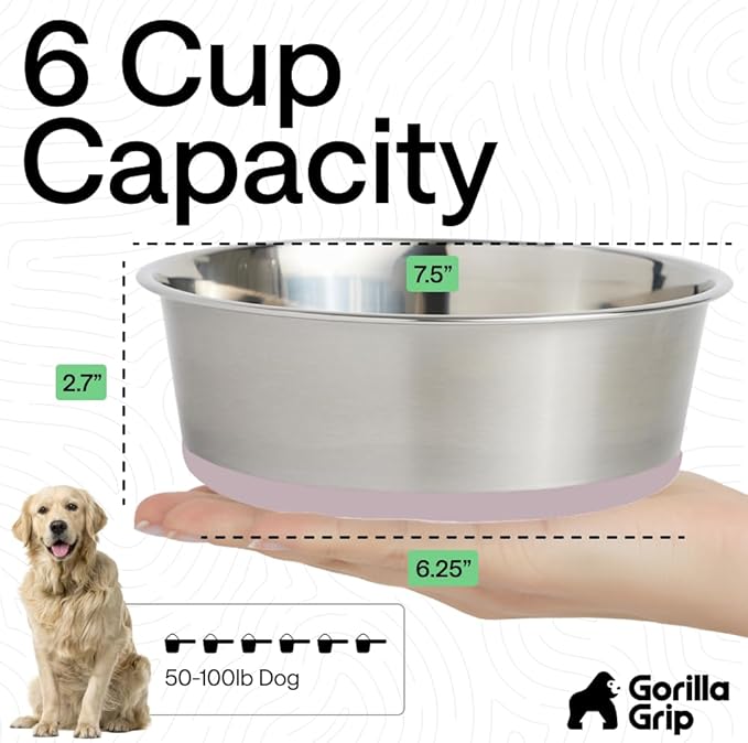 GORILLA GRIP Dog Bowls, Heavy Duty 304 Stainless Steel, Holds 6 Cups Each (48 fl oz) Food and Water Bowl for Feeding Dogs and Cats, Dishwasher Safe, Rust Resistant, BPA Free Rubber Base Set of 2 Pink