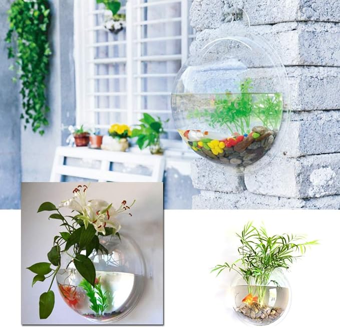 Wall Fish Bowl, Small Hanging Goldfish Fish Tanks, Clear Acrylic Betta Fish Tank, for Aquarium Wall Plant Pot Decoration Planter Flower