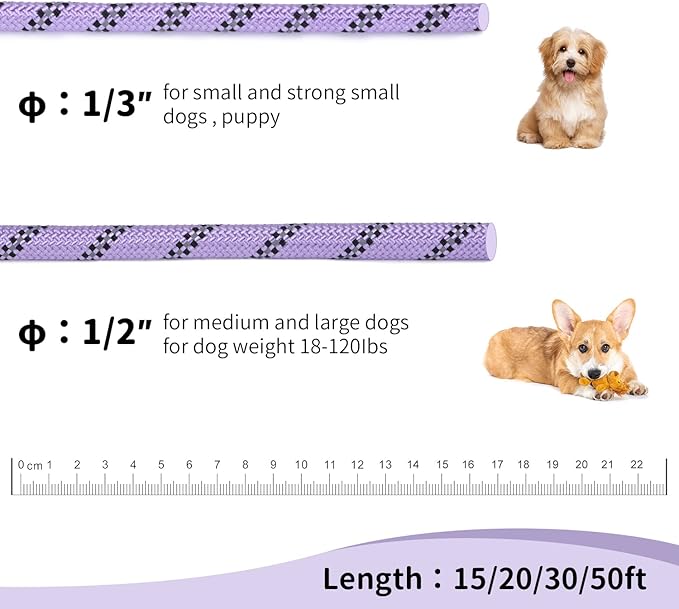 Long Dog Leash for Training 15Ft-Reflective Nylon Rope with Swivel Hook-Recall Agility Lead for Large Small Medium Dogs Outside Walking Hiking-Purple