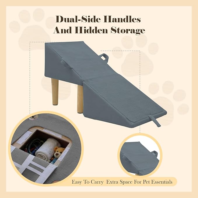 Split Ottoman Dog Ramp for Couch and Low Bed, 2-in-1 Foldable Dog Stairs for Small Dogs and Cats, Wooden Pet Ramp with Non-Slip Surface, Portable Step Stool Design, Gray