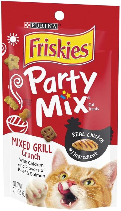 Friskies Party Mix Cat Treats Chicken Mixed Grill Crunch, Beef and Salmon, 2.1 Oz