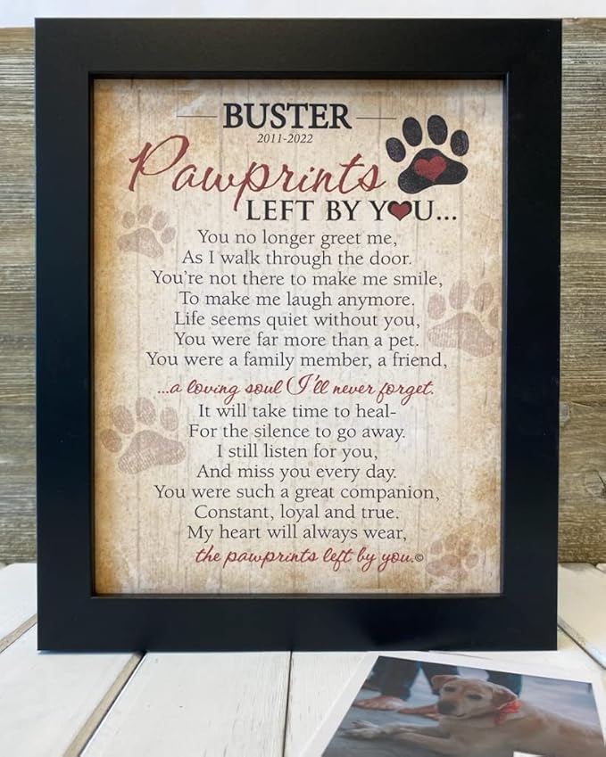Pawprints Pet Memorial Frame with Pawprints Left by You Poem - Touching Dog Sympathy Gift for Pet Loss Remembrance (Personalized Poem Art Framed 8x10)