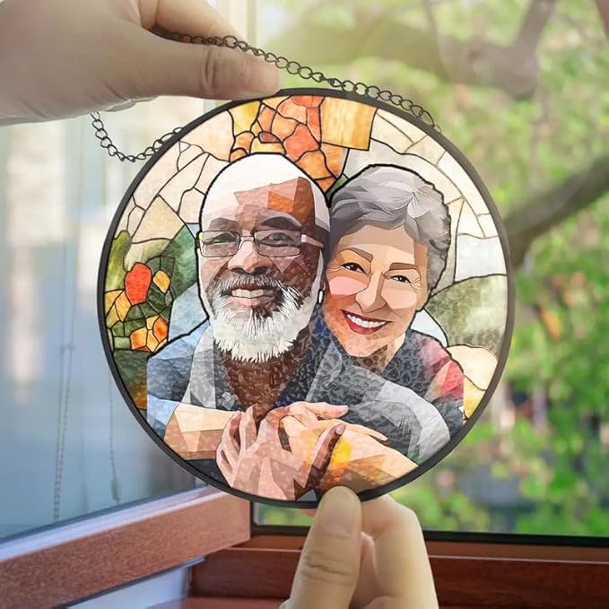 Personalized Couples Photo Stained Glass Catcher, Custom Photo Portrait Couple Family Stained Glass Window Hanging Catcher, Gifts for Newlyweds, Wedding, Couple, Valentine's Day Gift/25