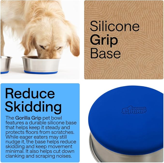 GORILLA GRIP Set of 2 Dog Bowls, Holds 8 Cups (64 fl oz), Heavy Duty Metal Food and Water Bowl for Feeding Dogs and Cats, Dishwasher Safe, Rust Resistant Stainless Steel, BPA Free Rubber Base, Blue