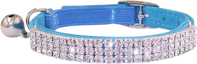 THAIN Rhinestones Cat Dog Collar Soft Velvet Safe Adjustable Collar Bling Diamante with Bells, 8-11 inch for Small Dogs and Cats (Light Blue)