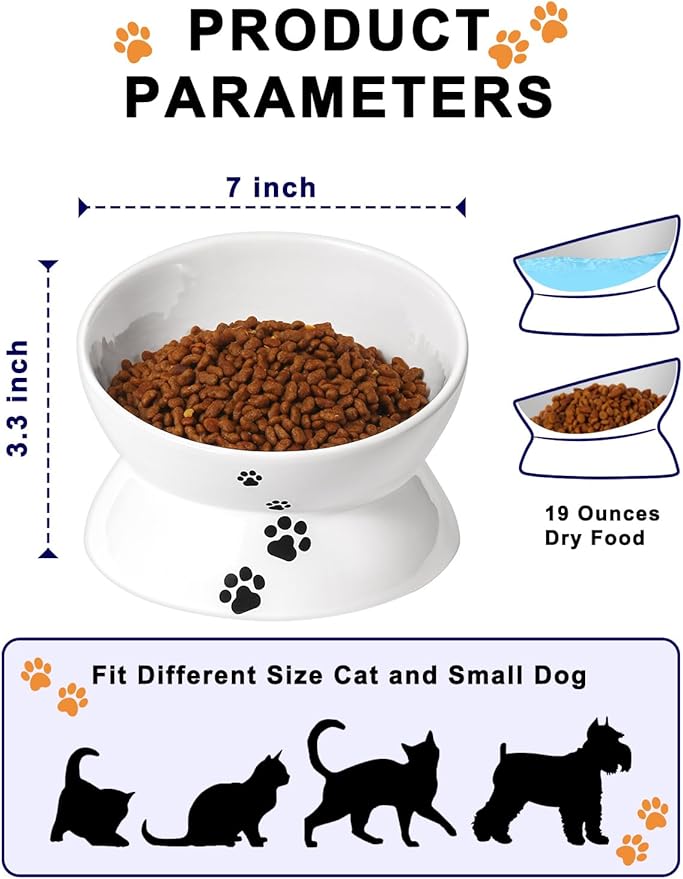 Y YHY Large Raised Cat Food Bowl, 7 Inch Tilted Elevated Bowl, Ceramic Pet Food Bowl for Adult Cats and Medium Dogs, Anti Vomiting, Protects Pet's Spine, Dishwasher Safe