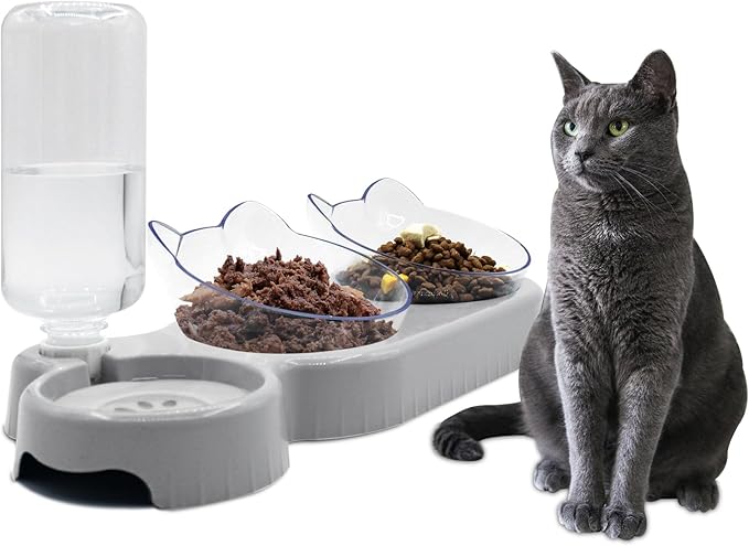 Triple Cat Bowls - 3-in-1 Water Feeder & Food Bowls with Automatic Water Bottle, Whisker Friendly, Elevated Feeding Dishes for Small Cats & Puppies (Lead White)