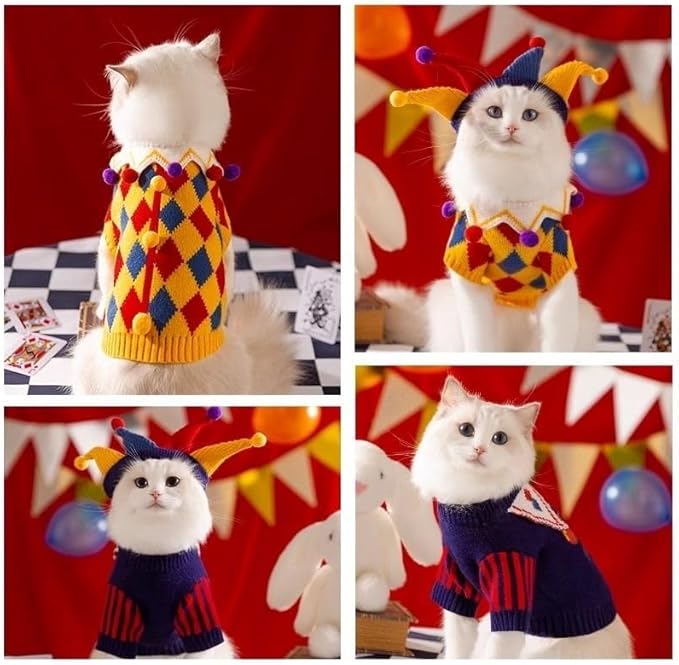 Cat Christmas Sweater Dog Circus Clown Jester Costume with Joker Hat for Small Dogs Cats Cosplay Apparel Kitten Clothes