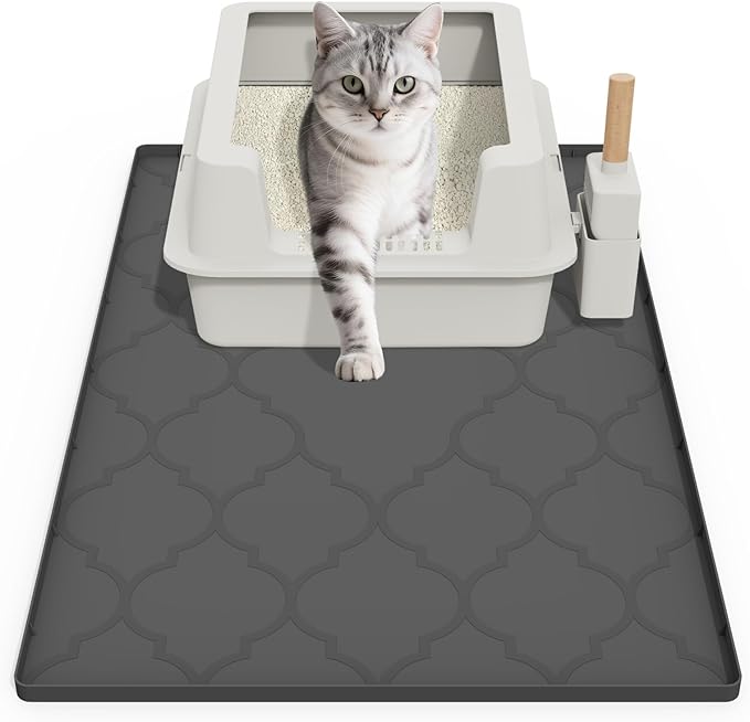 Cat Mat for Litter Box, 34" X 22" Large Silicone Cat Litter Trapping Mat, Easy Clean for Scatter Control, Soft on Kitty Paws, Waterproof, Urine-Proof, Non-Slip Kitty Litter Mat for Floor, Black