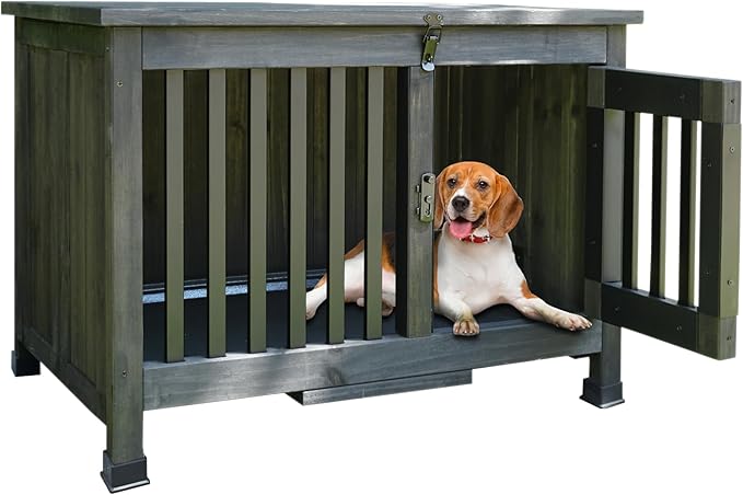 28" Dog Crate Furniture, Fully Assembled Wooden Dog Kennel with Removable Tray, Decorative Pet Crate Dog Cage Indoor Furniture End Table, Portable Pet Cage for Small & Medium Dogs, Black