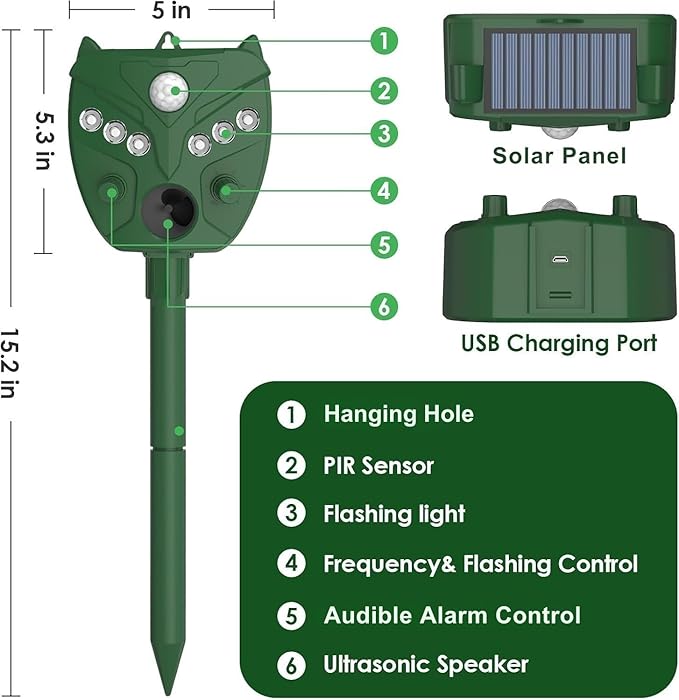 Solar Ultrasonic Animal Repellent Outdoor - NAVISOVL - Cat, Squirrel, Deer Repeller, Motion Sensor&Flashing Light, Repel Dogs,Boar,Deer,Fox,Raccoon,Skunk,Rabbit,Bird Deterrent for Yard&Farmland