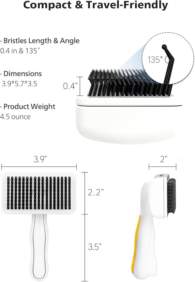 PETHROOM Pet Healing Slicker Brush with One-Touch Clean Button | Gentle Grooming Brush for Dogs & Cats | Removes Shedding, Mats & Tangles with Coated Tips, White & Yellow