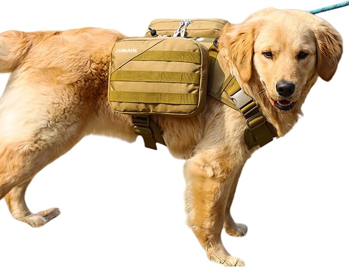 x Jumahe Dog Hiking Backpack for Large/Giant Dogs – 2 Spacious Side Bags, Breathable Waterproof Fabric, Fits Chest 30"-40" (85-120 lbs), 5 Adjustable Buckles, Outdoor Travel Vest, Khaki
