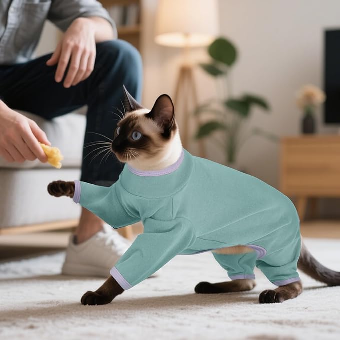 DENTRUN Cat Clothes for Hair Control with Hair Sticky Fabric - Soft Recovery Suit & Breathable Lint-Resistant Cat Sweater for Cats Only, Kitten Onesie Pajamas, S, Bean Green