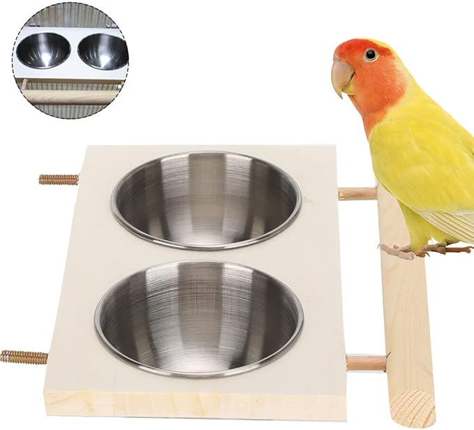 Bird Feeding Dish Cup with Wood Stand Stainless Steel Parrot Food Bowl Water Feeder Cage Accessories with Perch for Cockatiel Parakeet