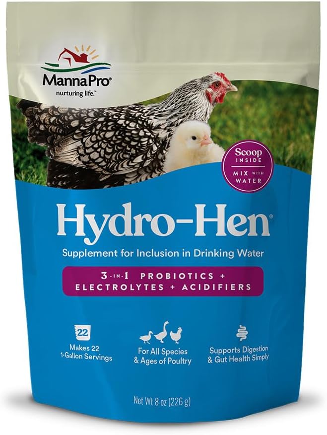 Manna Pro Hydro-Hen Poultry Electrolyte & Probiotic Supplement, Hydration Support for Chickens, Ducks, Turkeys & Waterfowl, 8 oz