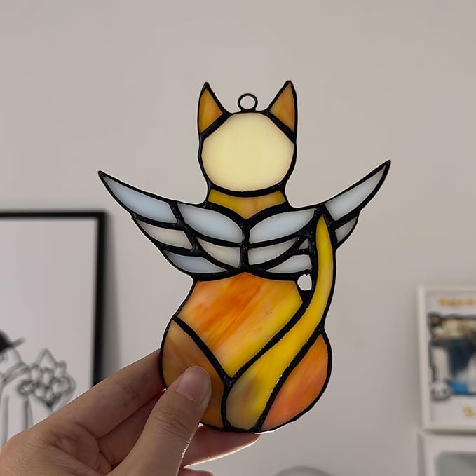 Handcrafted Stained Glass Orange Angel Cat Suncatcher - Pet Memorial Gift with Colorful Wings, Cat Lovers Sympathy Gift, Home Window Decor