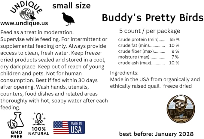 Undique Whole Quail for Carnivore Pets - Premium Quality Natural Pet Treats - Natural Prey Feeding - Freeze-Dried for Essential Nutrients and Enzymes - Quality Protein Source Small Size 5 Count